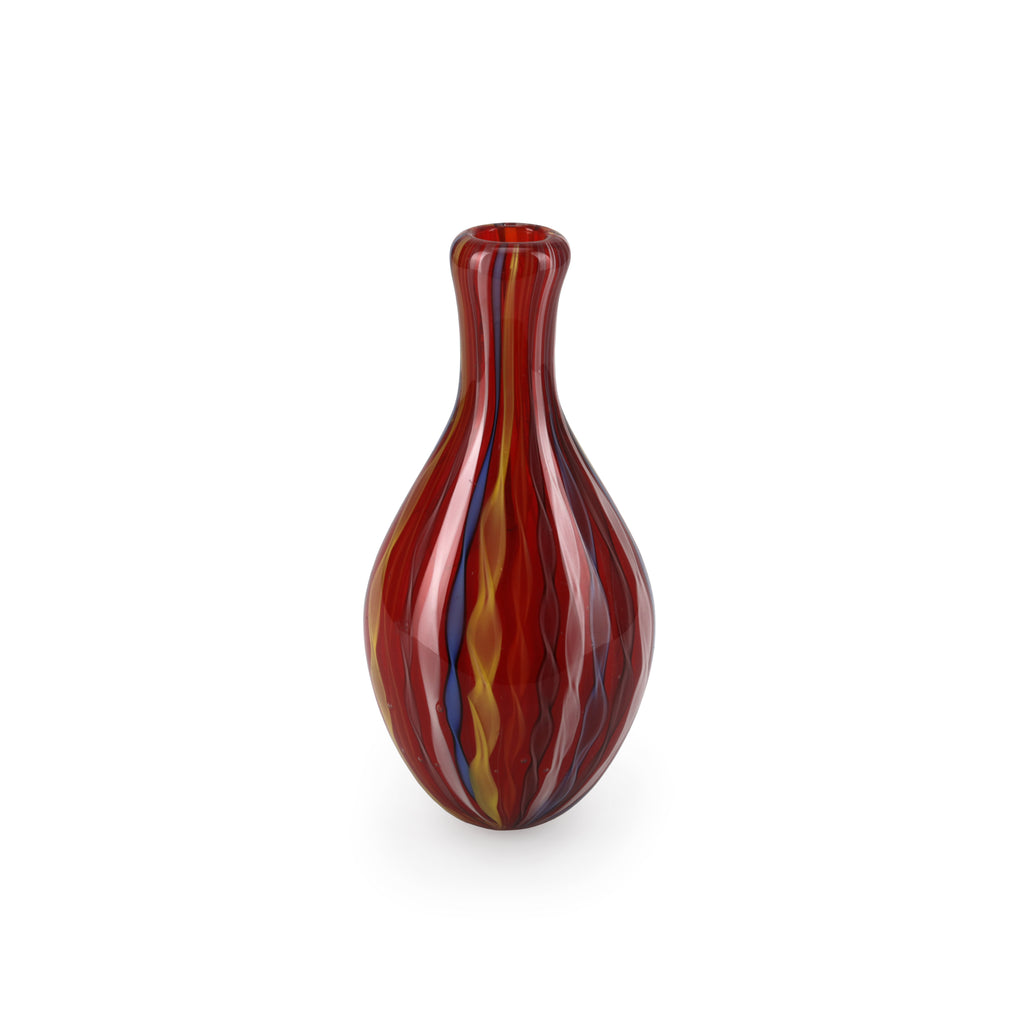 Red Glass Vase with Pink, Yellow, and Blue Stripes (A+D)