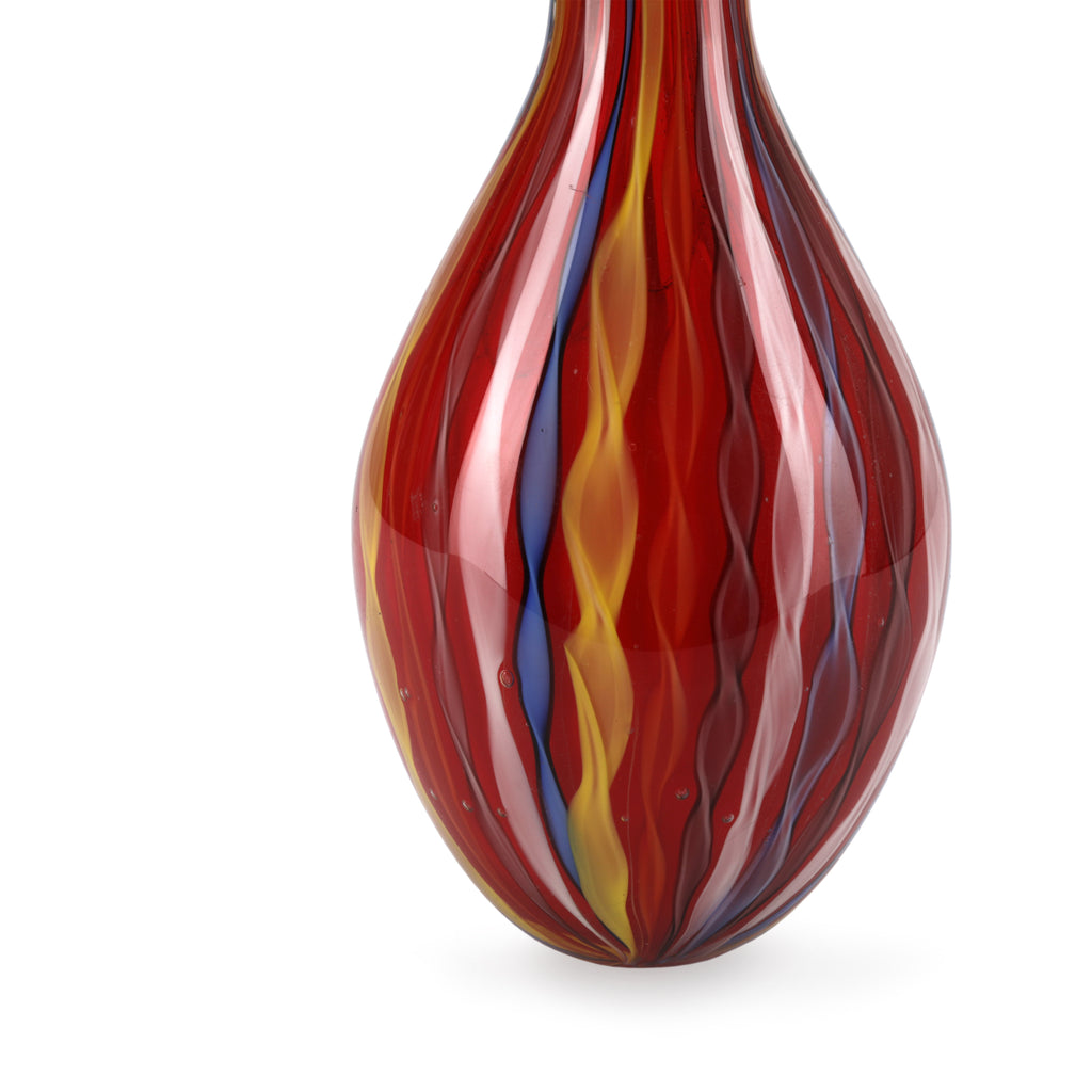 Red Glass Vase with Pink, Yellow, and Blue Stripes (A+D)