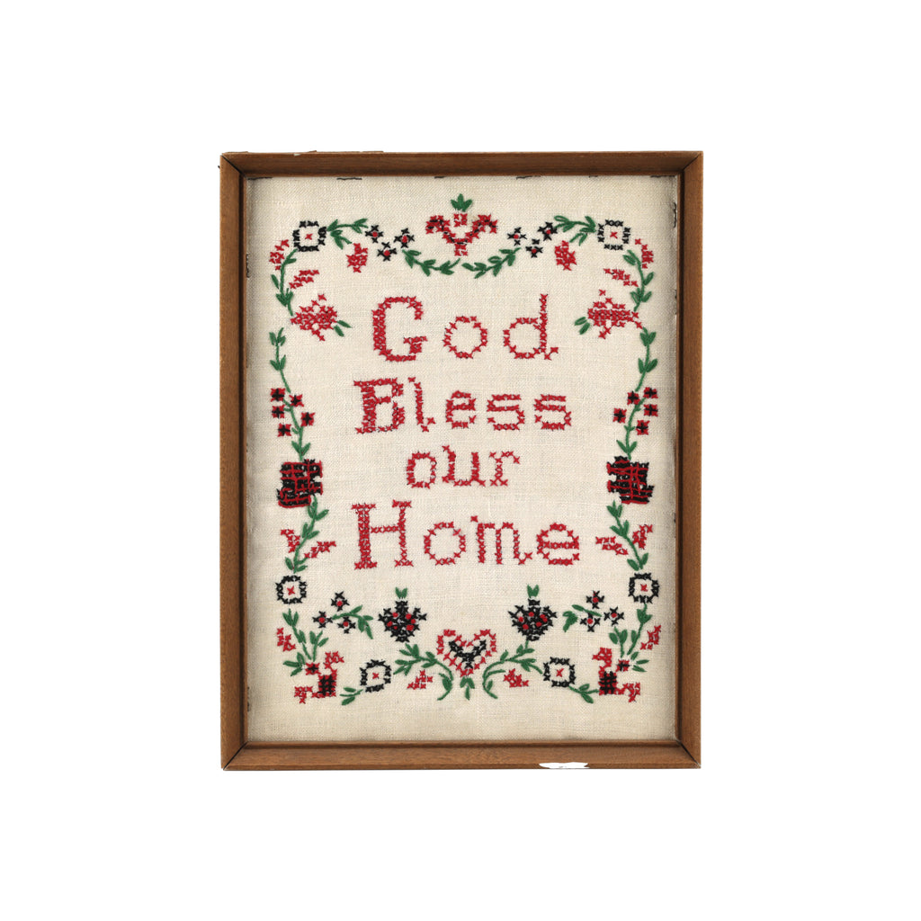 Pink, Green, & Cream Framed Needlepoint - God Bless Our Home (A+D)