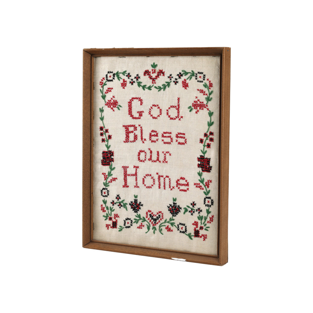 Pink, Green, & Cream Framed Needlepoint - God Bless Our Home (A+D)