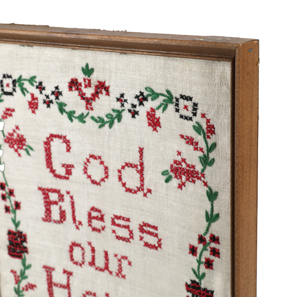 Pink, Green, & Cream Framed Needlepoint - God Bless Our Home (A+D)