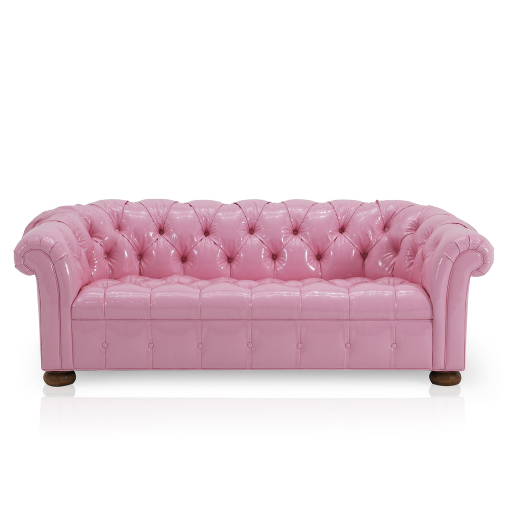 Glossy Pink Leather Tufted Chesterfield Love Seat Sofa