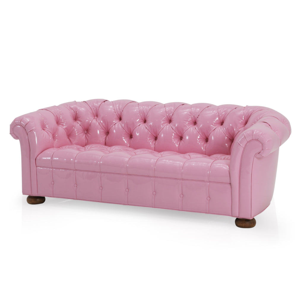 Glossy Pink Leather Tufted Chesterfield Love Seat Sofa