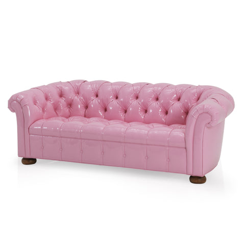 Glossy Pink Leather Tufted Chesterfield Love Seat Sofa