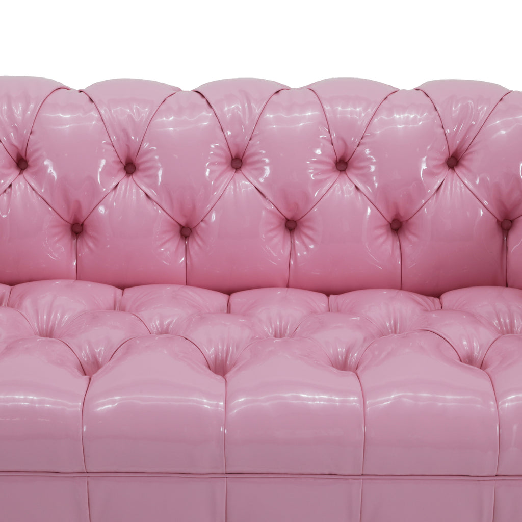 Glossy Pink Leather Tufted Chesterfield Love Seat Sofa