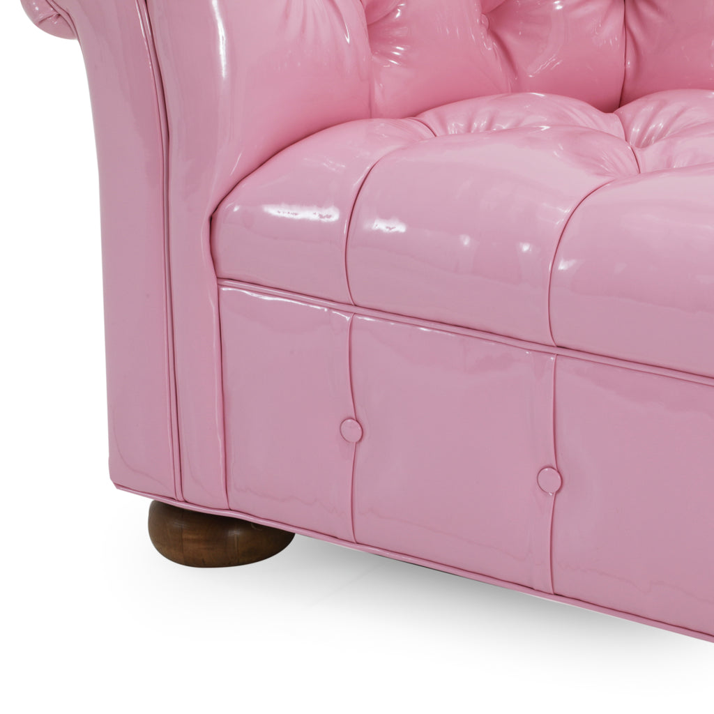 Glossy Pink Leather Tufted Chesterfield Love Seat Sofa