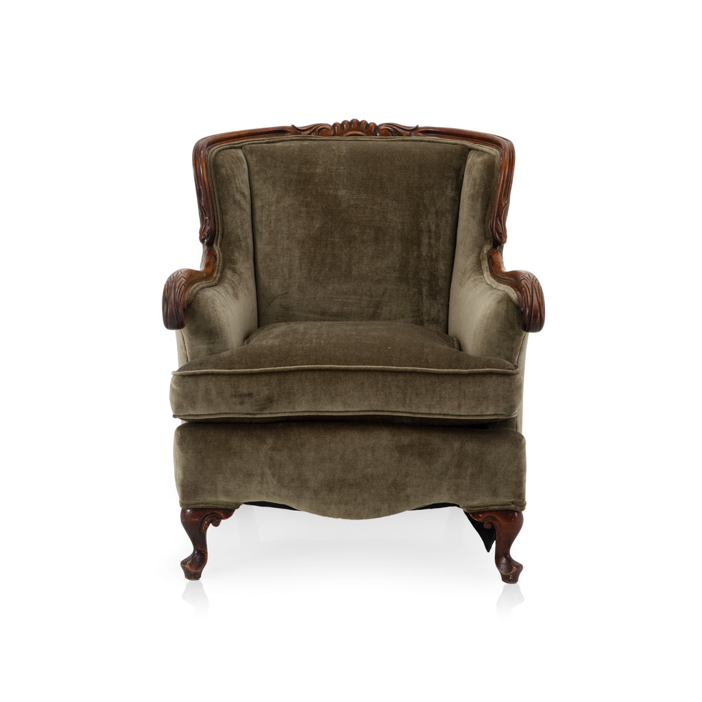 Olive Green Velvet Vintage Wood Armchair