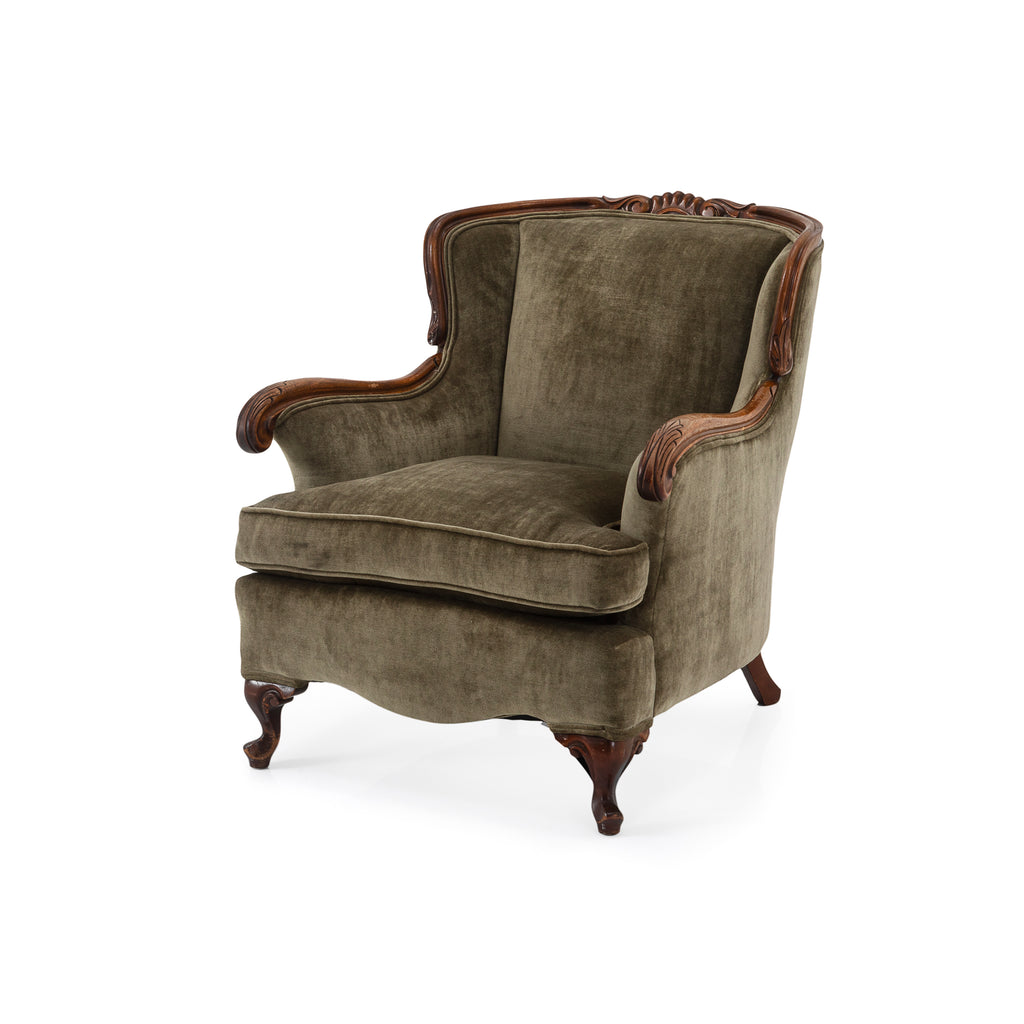 Olive Green Velvet Vintage Wood Armchair