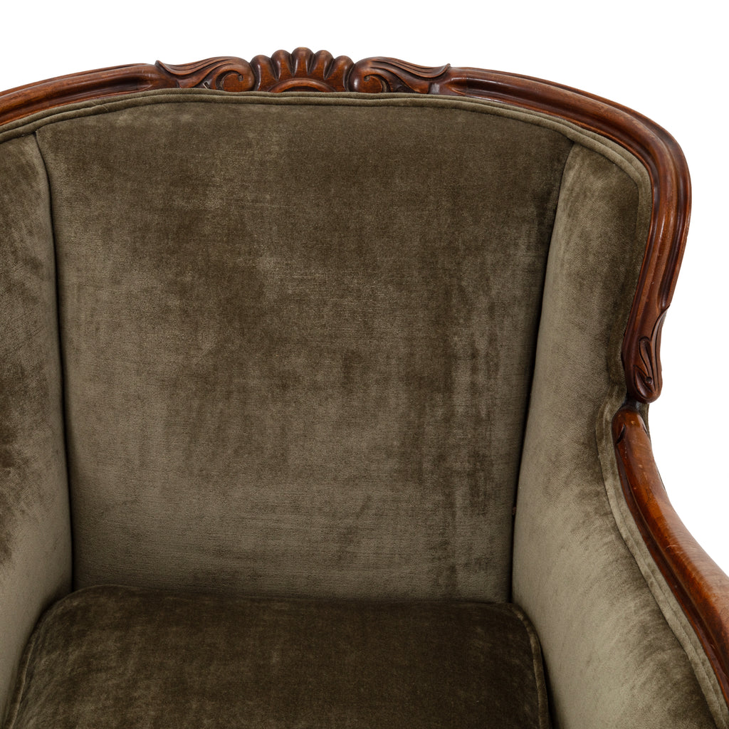 Olive Green Velvet Vintage Wood Armchair