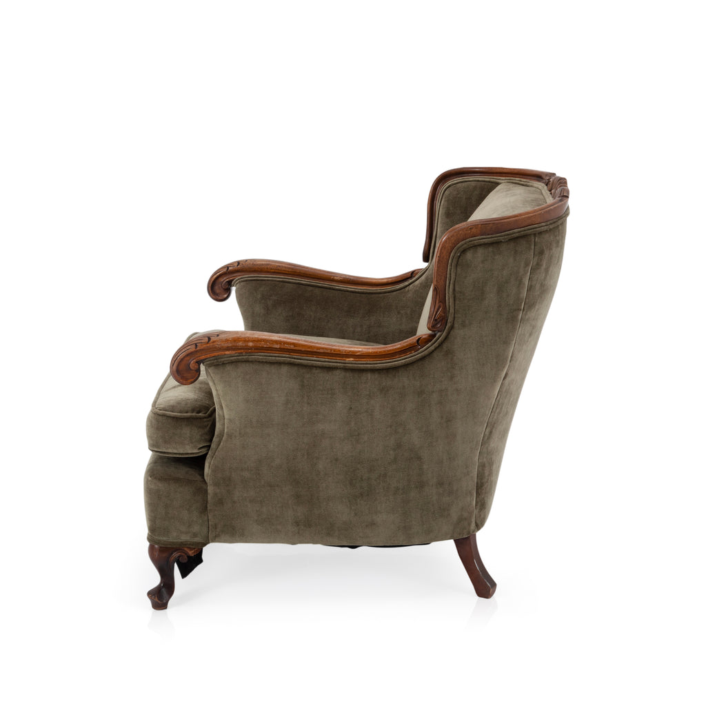 Olive Green Velvet Vintage Wood Armchair