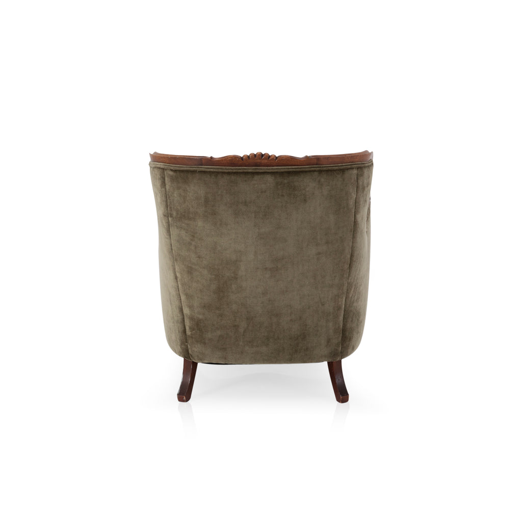 Olive Green Velvet Vintage Wood Armchair