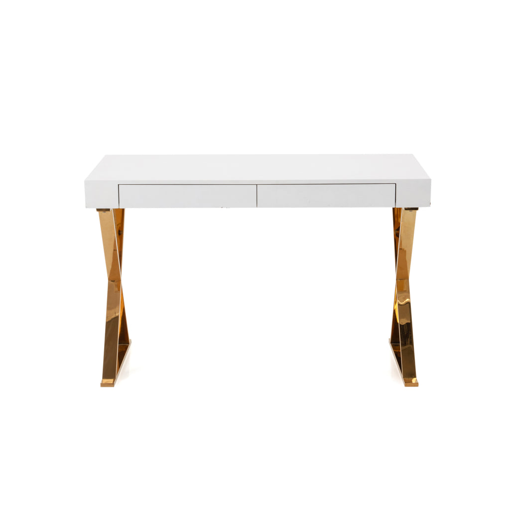 White Lacquer Desk With Gold X Base