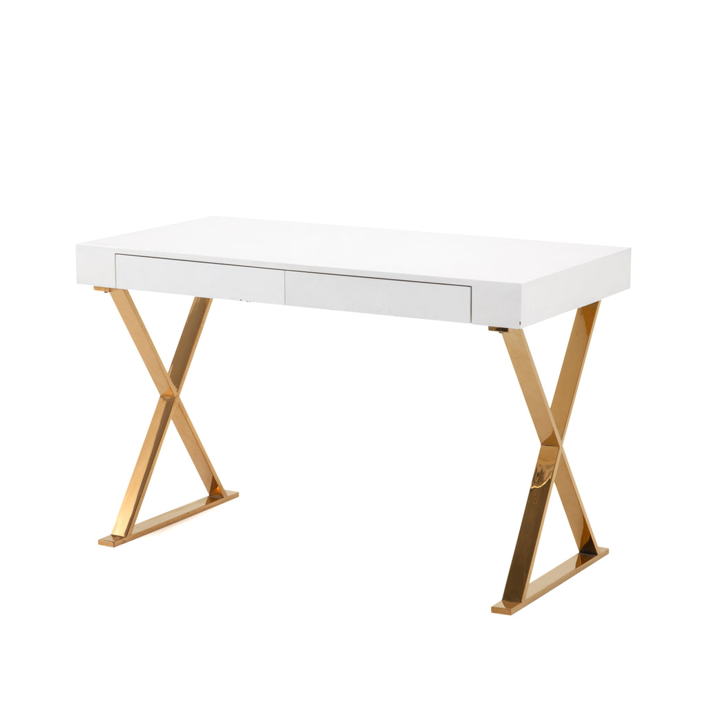 White Lacquer Desk With Gold X Base