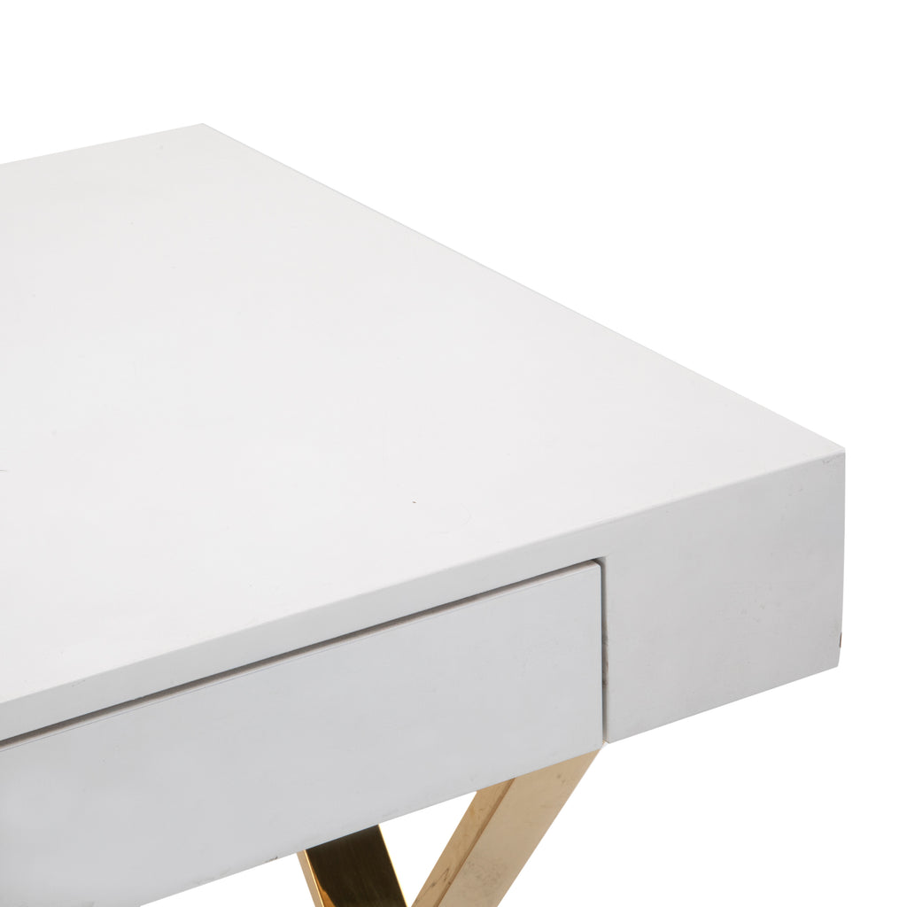 White Lacquer Desk With Gold X Base