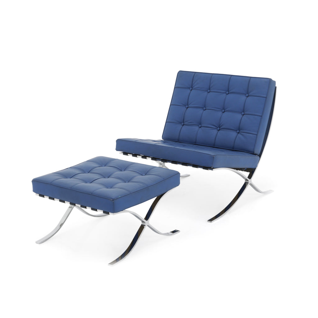 Muted Blue Tufted Leather Barcelona Lounge Chair