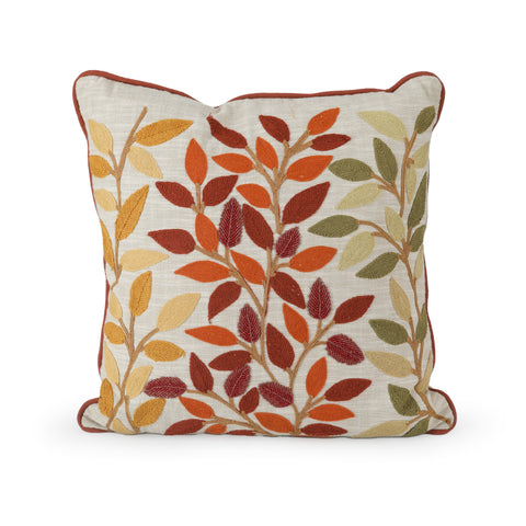 Embroidered Cream Pillow w/ Multicolor Leaves