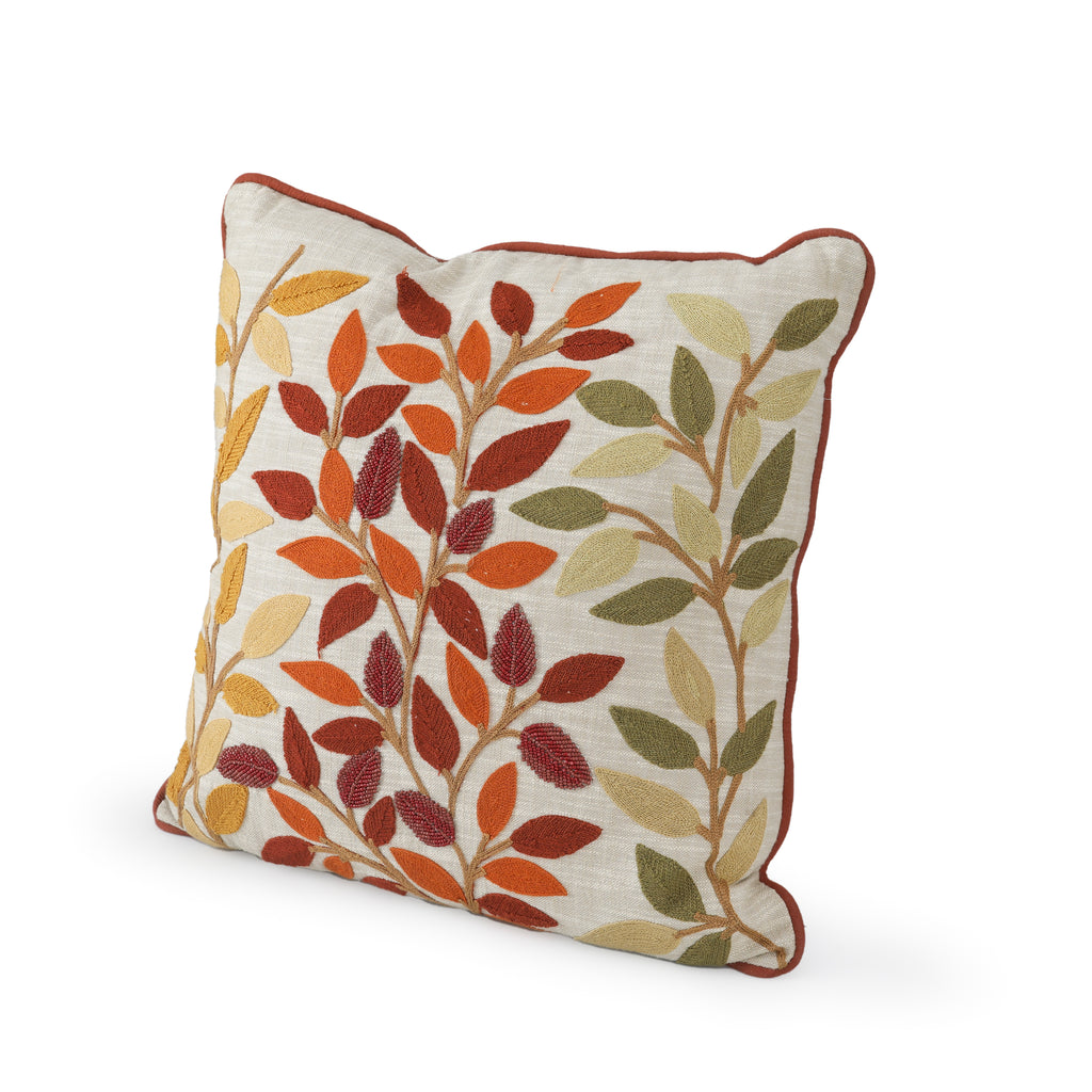 Embroidered Cream Pillow w/ Multicolor Leaves