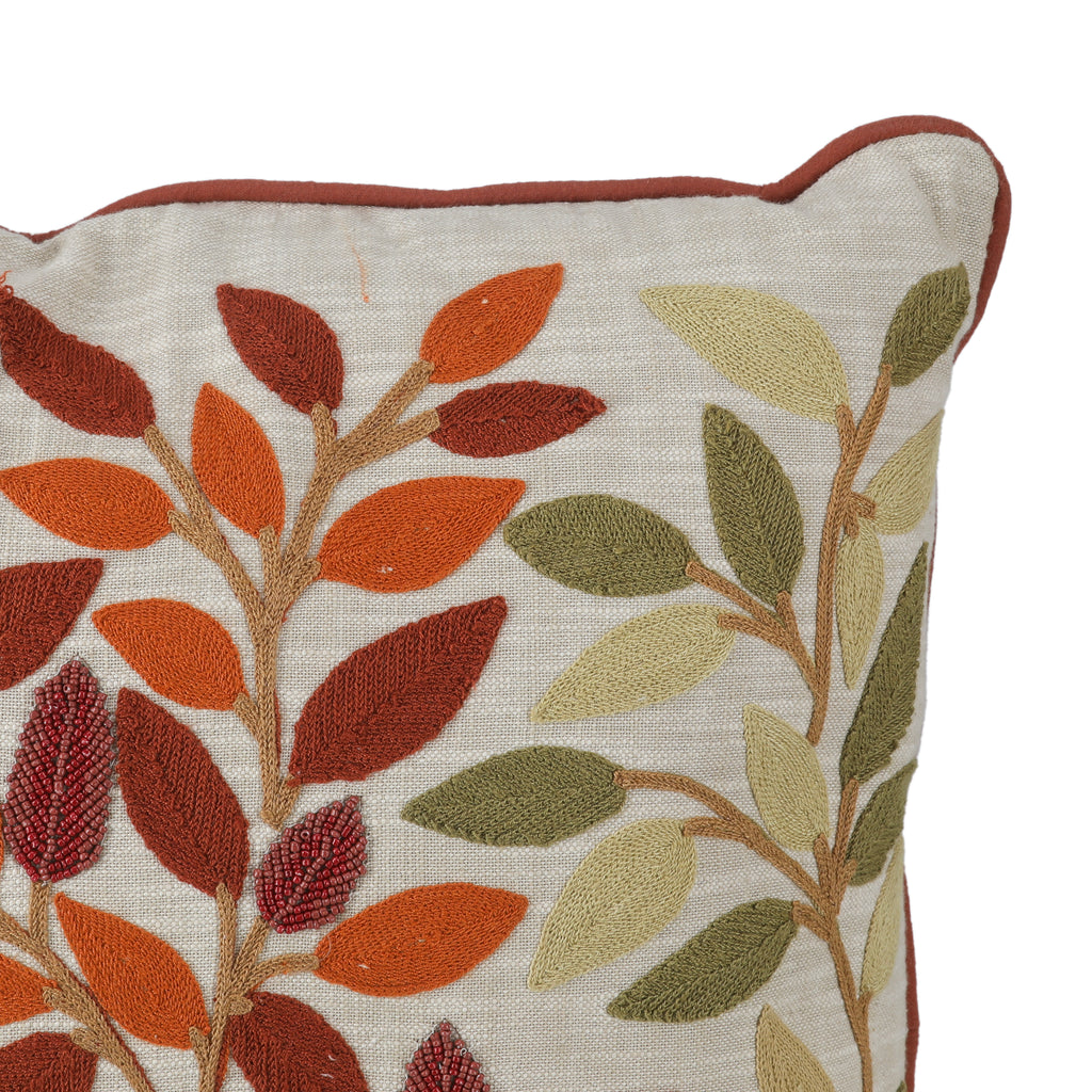 Embroidered Cream Pillow w/ Multicolor Leaves