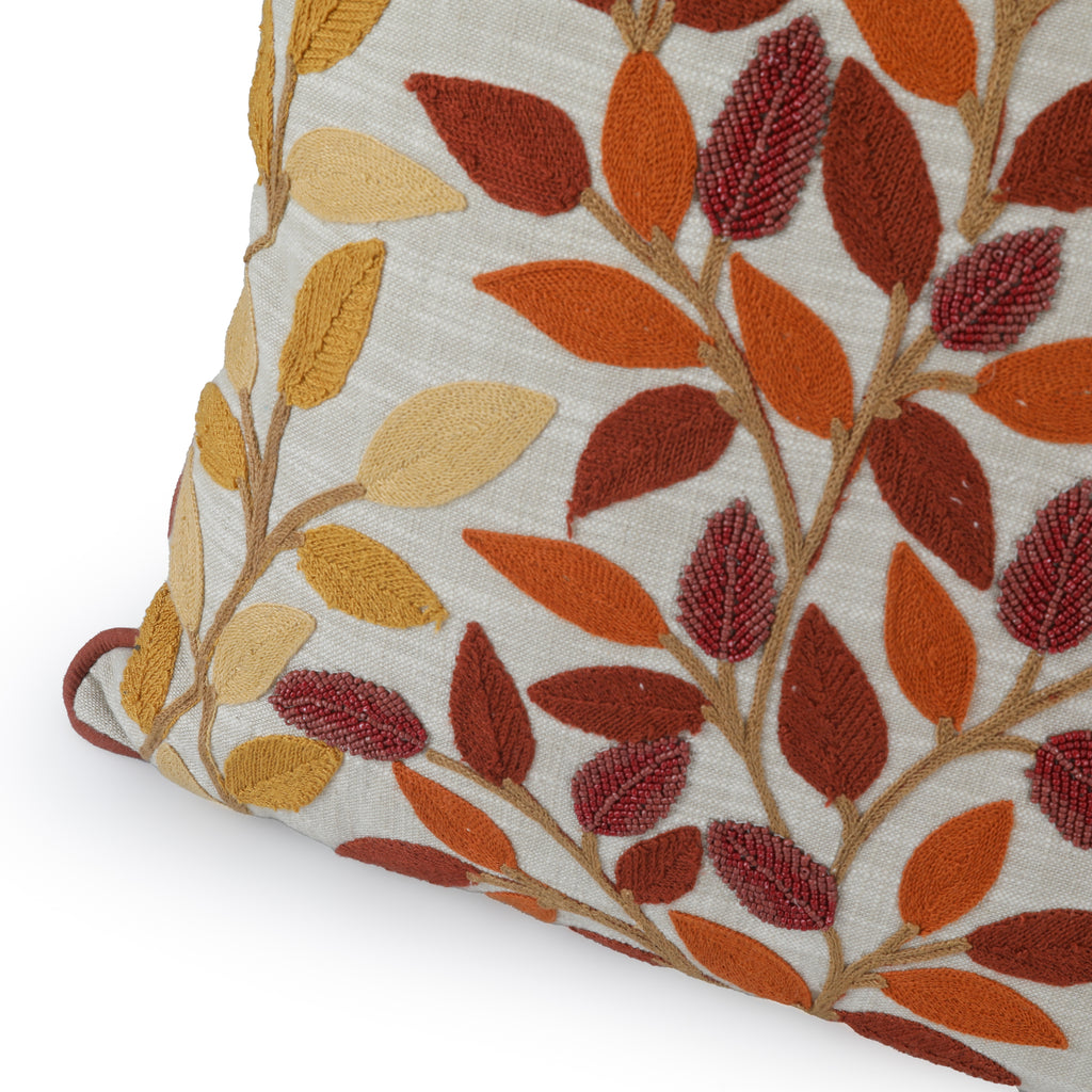 Embroidered Cream Pillow w/ Multicolor Leaves