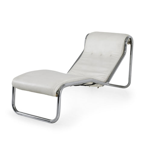 Off-White Leather Chaise Lounge w Chrome Tube Frame