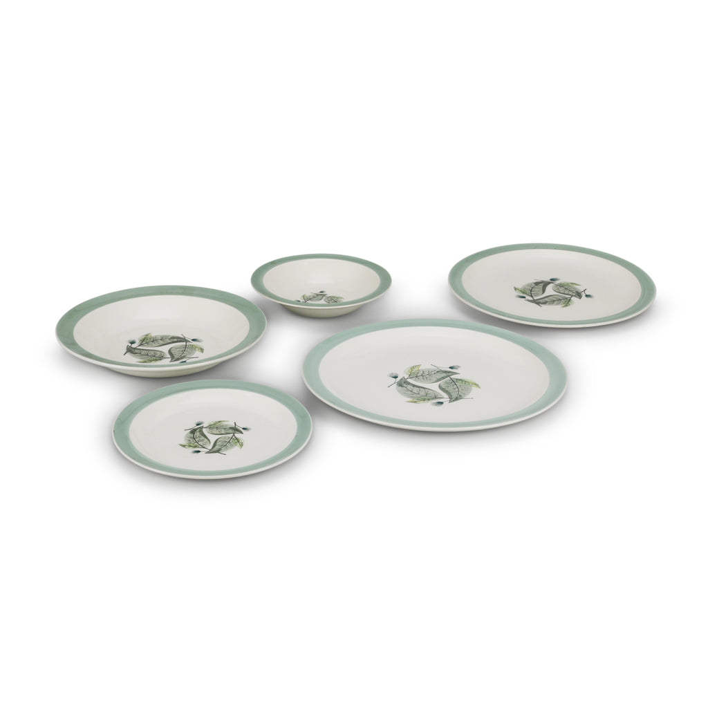 White / Teal Plate Set with Leaf Print