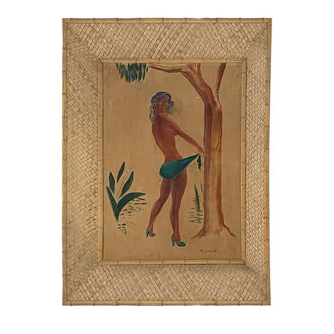 Tan Vintage Large Painting of Girl in Sarong