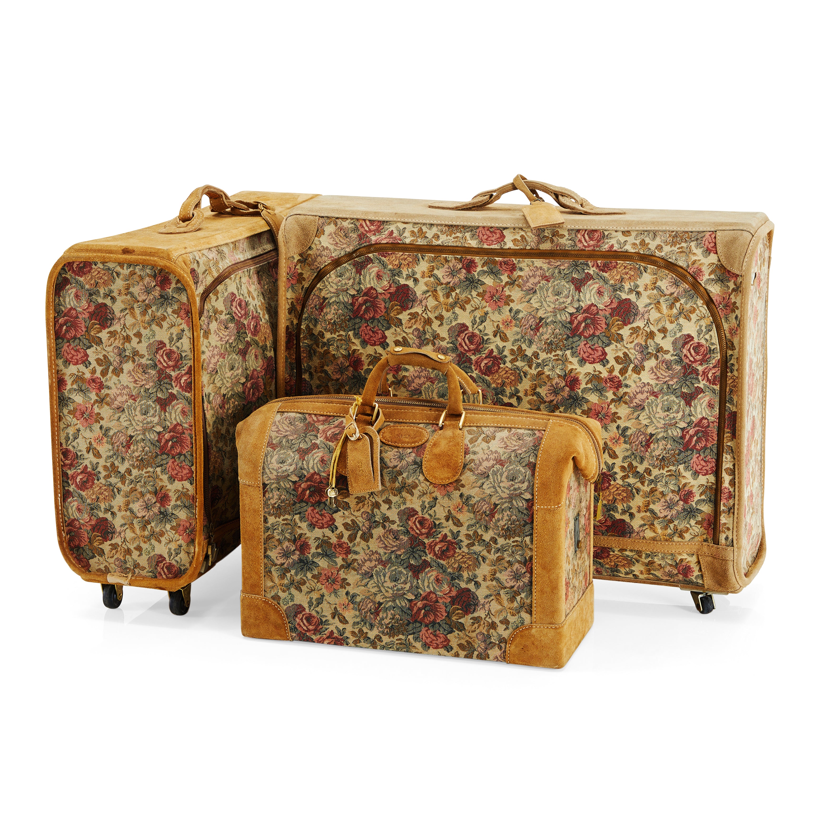VINTAGE FRENCH LUGGAGE COMPANY Floral Tapestry & Suede Leather 20