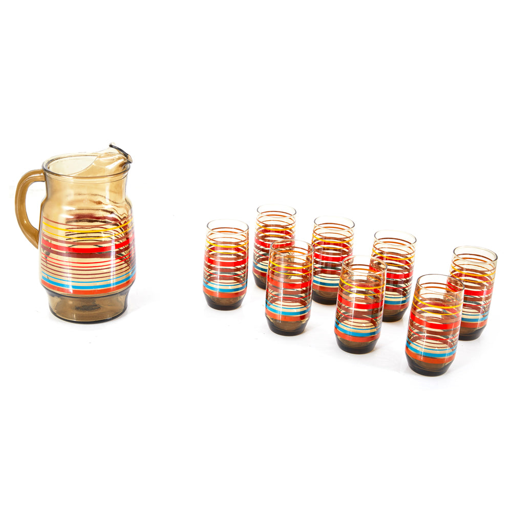 Set of Colorful Striped Glass Pitcher and Cups