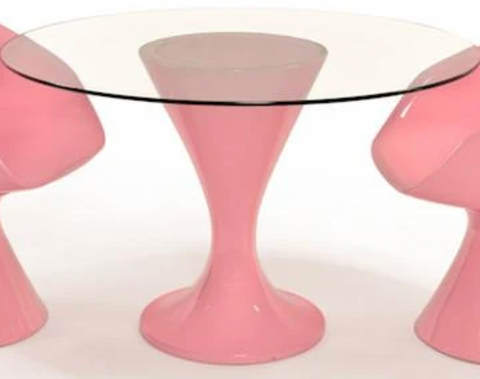 Pink Fiberglass + Round Glass Top Dining Table